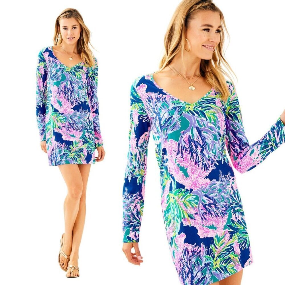 Lilly Pulitzer Pink and Blue Beacon Long Sleeve Shirt Mini Dress XS 2794